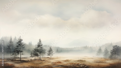  a painting of a landscape with trees in the foreground and a foggy sky in the background, with a mountain range in the distance, in the foreground, in the foreground, in the foreground is a. © Anna