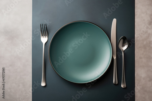 table setting, green plates and cutlery on the table, top view. Background
