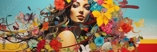 Abstract collage with various multicolored flowers on the girls face, bright juicy art photo with a young girl, banner
