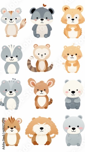 Funny cute bears and animals on a white background, illustration