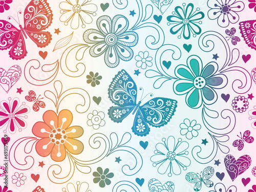 Vector gradient valentines pattern with hearts and flowers and butterflies in doodle style on a white background