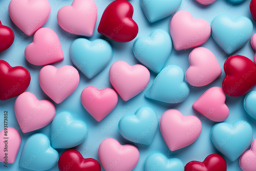 3D Illustration. Background image paved with many hearts. Pink and blue set.Valentine's Day and White Day. Mother's Day, Father's Day. 3D Illustration. Background image paved with many hearts. Pink and blue set.Valentine's Day and White Day. Mother's Day, Father's Day.