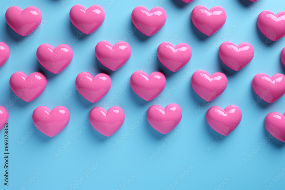 Valentine's Day background. A pink heart on blue background, flat lay minimal concept, trendy pop art style photo. Valentines day concept. Flat lay, top view, copy space