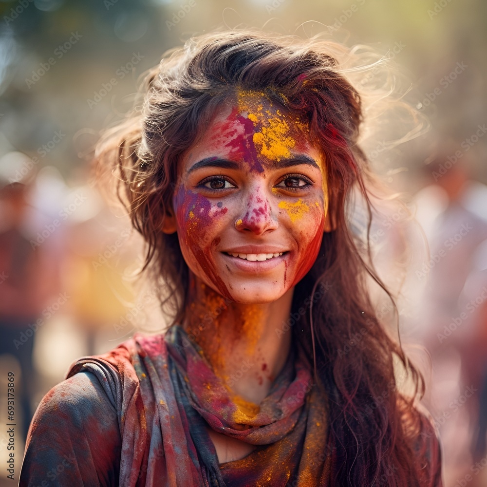 Young woman at holi festival Young woman at holi festival