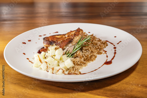 pork bondiola with bbq sauce with rice and steamed potato photo