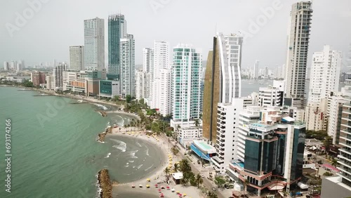 Bocagrande, Cartagena. Colombia. Drone Shot of Modern Waterfront Buildings and Hotels on Caribbean Sea. High quality 4k footage. Aerial shot of the beautiful Cartagena city and playa De Bocagrande. photo