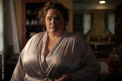 a cute plus size woman with bathrobe in small bathroom interior