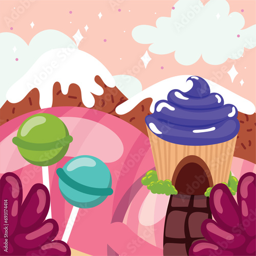 Colored candy land landscape view Vector