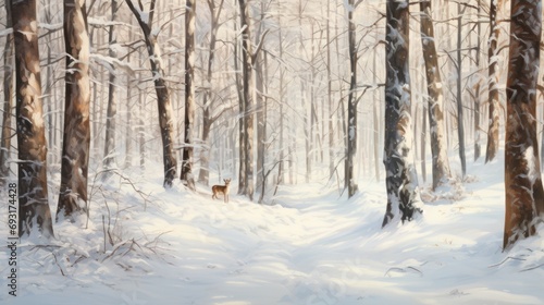  a painting of a snowy forest with a deer in the foreground and trees on the far side of the picture, with snow on the ground and in the foreground.