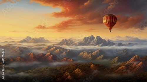  a painting of a hot air balloon flying in the sky over a mountain range with low lying clouds in the foreground and a red and yellow sky in the background.
