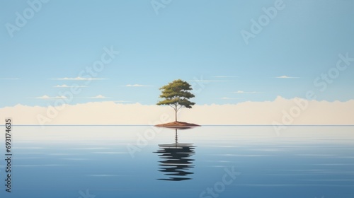  a lone tree sitting on a small island in the middle of a large body of water with a blue sky and clouds in the background, with a few clouds in the foreground.