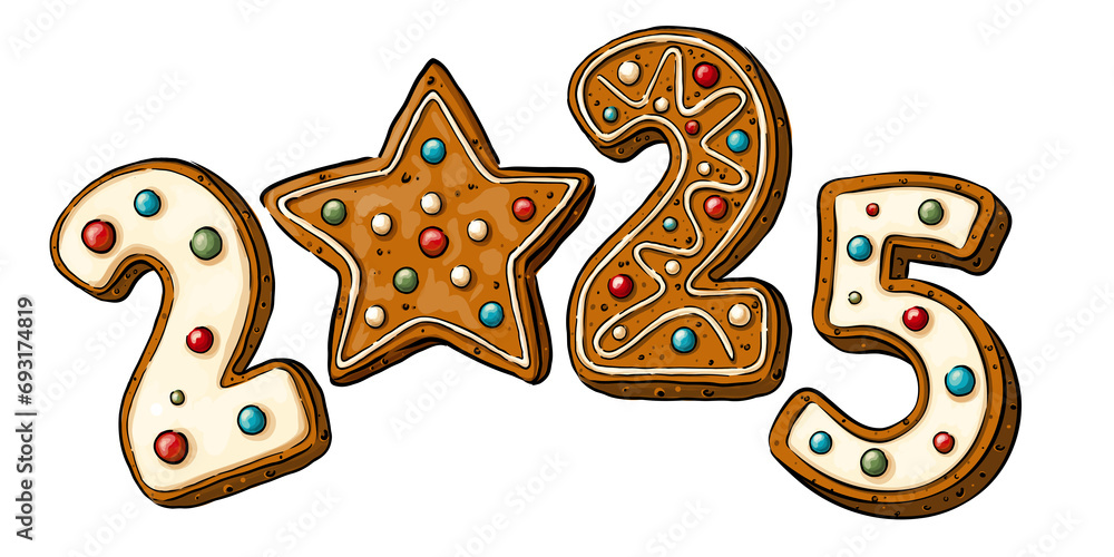 Text 2025 in gingerbread style with multi-colored icing. New Year, sweet, dessert or winter holiday theme, Isolate individual PNG objects Text 2025 in gingerbread style with multi-colored icing. New Year, sweet, dessert or winter holiday theme, Isolate individual PNG objects