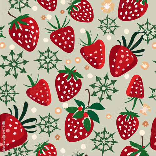 Vector christmas pattern 
with berries of strawberries and snowflakes. 2024 New Year fashion
ornament for fabric, paper, textiles, notepad,
clothing, card, packaging.