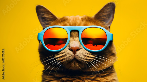 Tabby Cat Wearing Blue Sunglasses Against a Bright Yellow Background