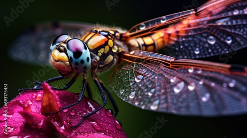  a close up of a dragonfly on a pink flower with drops of water on it's wings and wings, with a dark background of green and pink flowers. © Anna