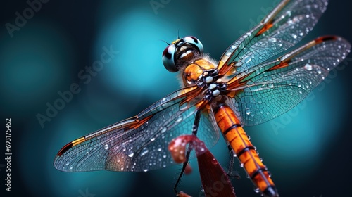  a close up of a dragonfly on a plant with water droplets on it's wings and wings, with a blurry background of blue and green blurry lights in the background.