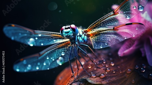  a close up of a dragonfly on a flower with drops of water on it's wings and wings, with a dark background of pink and purple flowers. © Anna