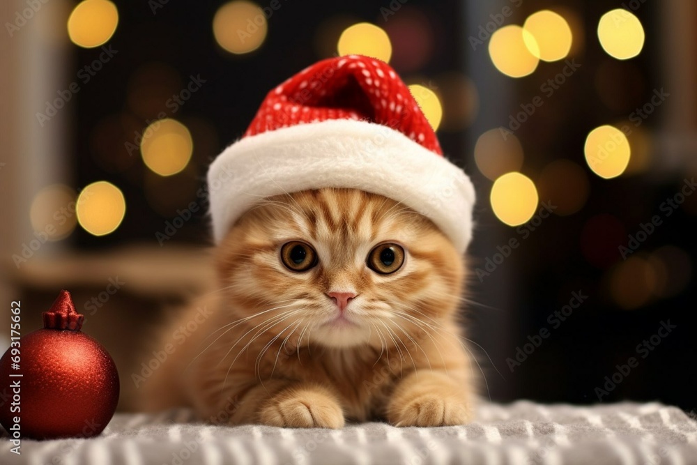 A small kitten in a New Year's cap against the background of New Year's lights. Cute animal. Generative AI A small kitten in a New Year's cap against the background of New Year's lights. Cute animal. Generative AI