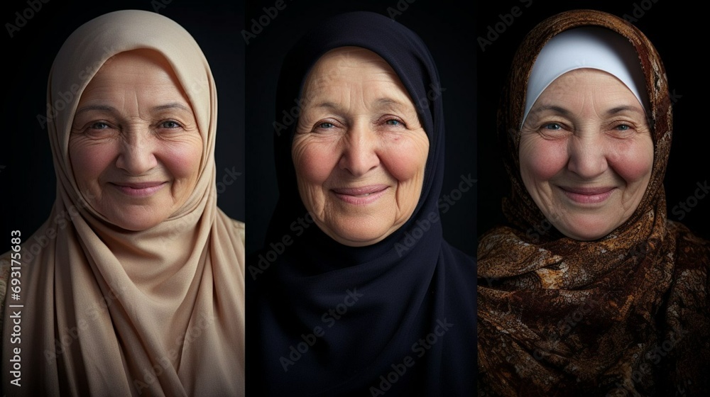 Muslim grandmothers smiling on a black background. Happiness. Religion Islam. World Hijab Day. Generative AI Muslim grandmothers smiling on a black background. Happiness. Religion Islam. World Hijab Day. Generative AI
