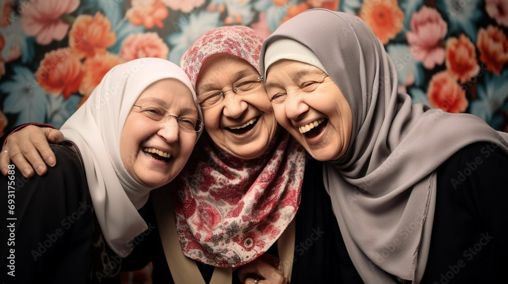 Naklejka premium Muslim grandmothers smile against a background of flowers. Happiness. Religion Islam. World Hijab Day. Generative AI