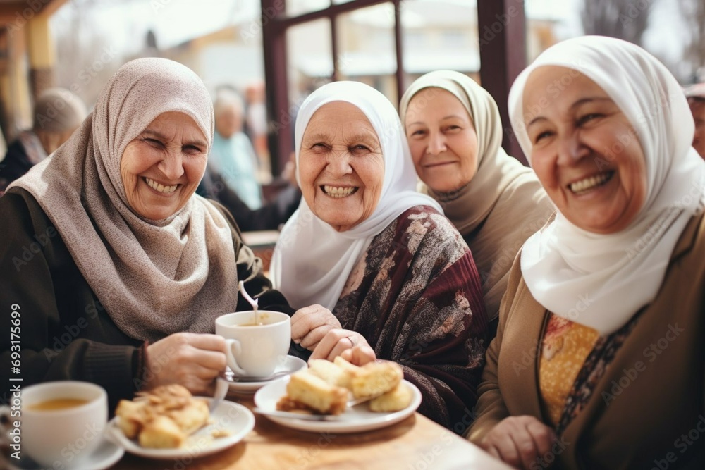 Lovely Muslim grandmothers are sitting in a cafe drinking tea and talking. Active pensioners. World Hijab Day. Generative AI