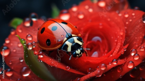  a ladybug sitting on top of a red rose with drops of water on the petals and on top of it is a red rose with water droplets on the petals.