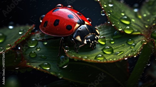  a ladybug sitting on top of a green leaf covered in drops of water on a dark background with drops of water on the leaves and on the ground.