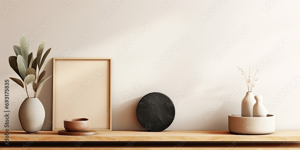 Minimalist living room interior with warm tones, copy space, wooden console, black round sculpture, books, beige wall, personal accessories, and stylish composition. Home decor. Template. Minimalist living room interior with warm tones, copy space, wooden console, black round sculpture, books, beige wall, personal accessories, and stylish composition. Home decor. Template.