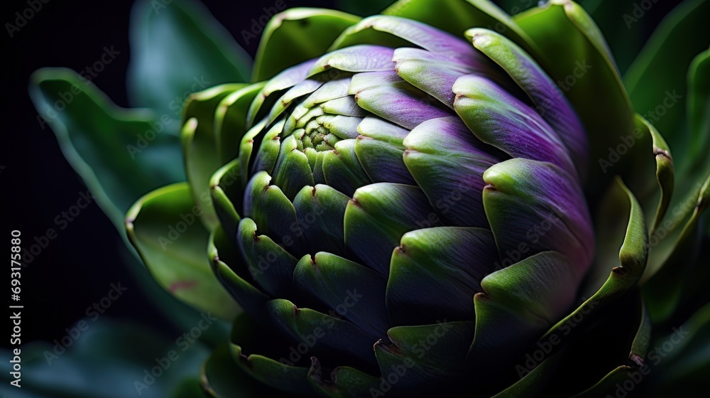 a close up view of a purple and green artichoke with leaves in the foreground and a dark background with only one flower budding in the foreground. a close up view of a purple and green artichoke with leaves in the foreground and a dark background with only one flower budding in the foreground.