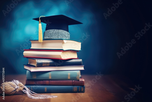 Graduation hat and stack of study books. Concept of learning  education and graduation at table