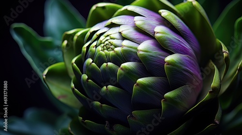  a close up view of a purple and green artichoke with leaves in the foreground and a dark background with only one flower budding in the foreground.