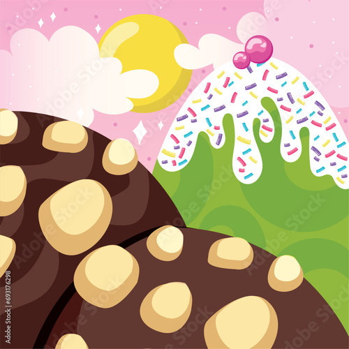 Colored candy land landscape view Vector