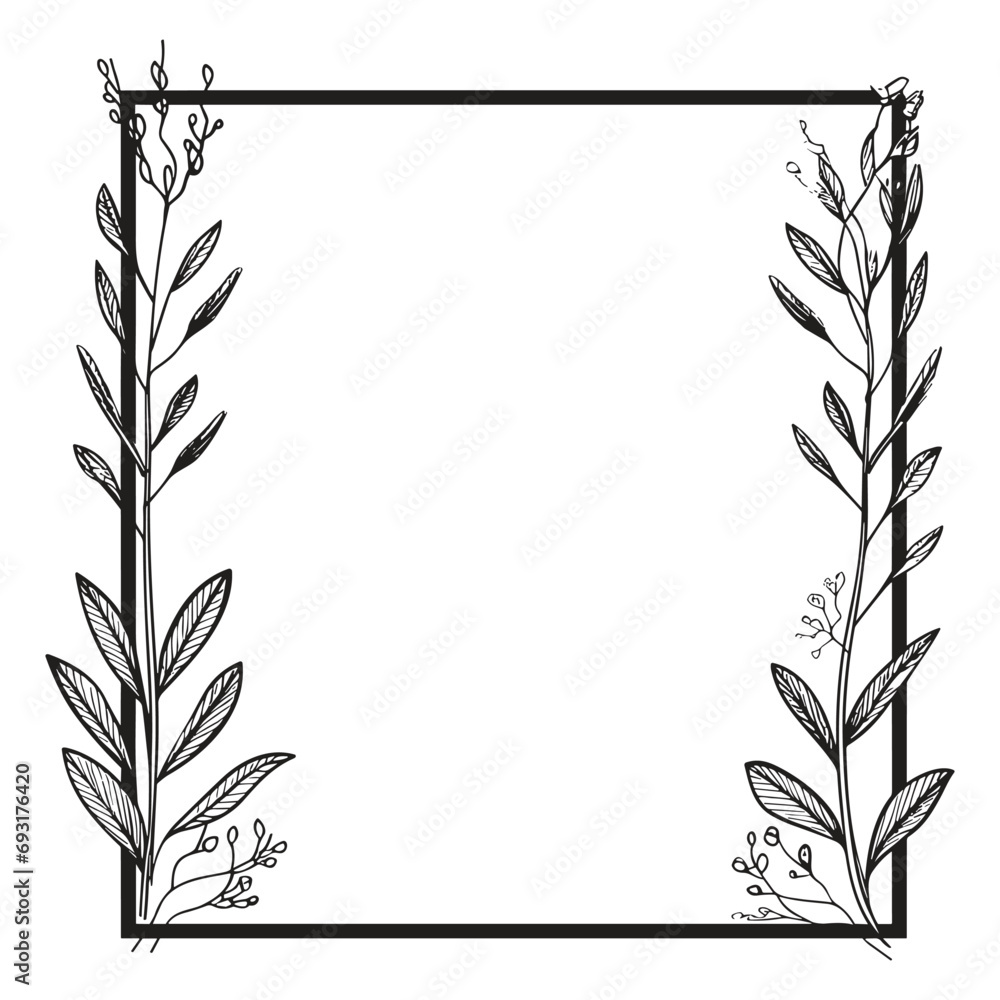Naklejka premium black and white frame with leaves and flowers