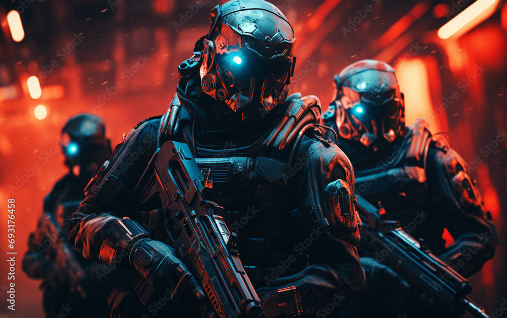 A futuristic soldier with a helmet in the night A futuristic soldier with a helmet in the night