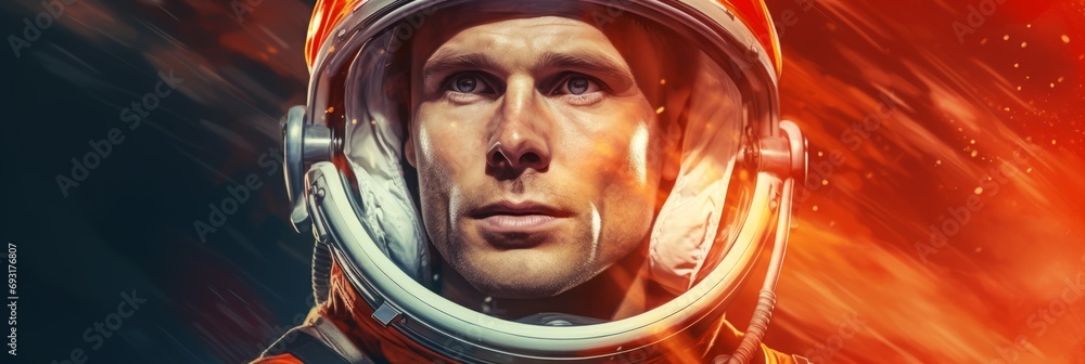 Male astronaut in a helmet close-up before a flight into space, thoughtful smart face of a brave man, space exploration, banner - obrazy, fototapety, plakaty 