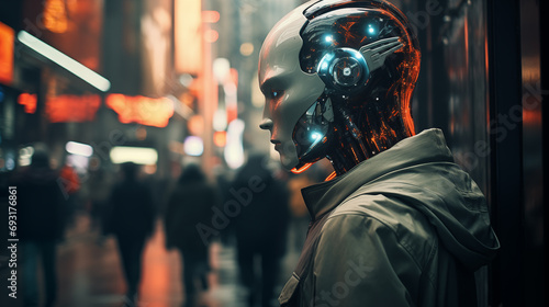 Futuristic cyborg contemplating in a neon-lit urban landscape