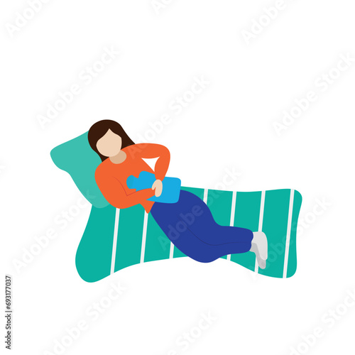 A girl lies in bed with a heating pad, isolated on white, flat vector, faceless illustration, the girl is sick
