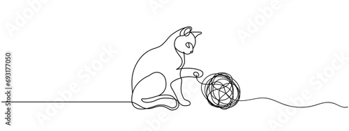 Cat playing toy ball one line drawing vector illustration