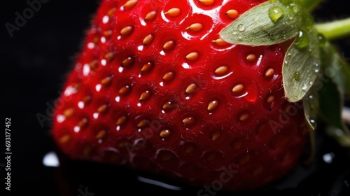  a close up of a ripe strawberry with drops of water on the top of the strawberry and a green leaf on the side of the ripe  on a black surface.