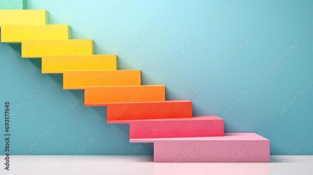 a colorful stair going up to the top of a blue wall with a blue wall in the background and a blue wall in the foreground with a white floor. a colorful stair going up to the top of a blue wall with a blue wall in the background and a blue wall in the foreground with a white floor.