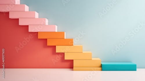  a set of colorful stairs leading up to the top of a red  yellow  blue  and pink staircase in a room with a blue wall in the background.