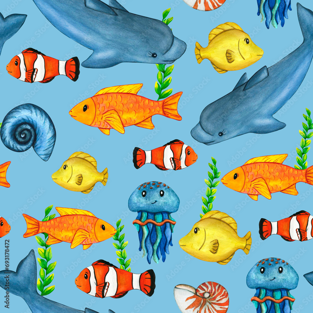 Fototapeta premium Watercolor seamless pattern jellyfish, yellow tang fish, clownfish and green blue seaweed and coral. Seabed ocean, underwater landscape background. Clip art undersea bottom for kids print