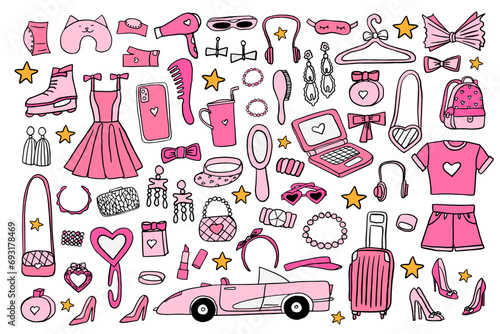 Barbiecore set. Pink trendy set, pink doll aesthetic accessories, car, fashion clothing. Pink cabriolet for girl. Suitcase, headphones, perfume, sunglasses, handbag, mirror. Hand drawn