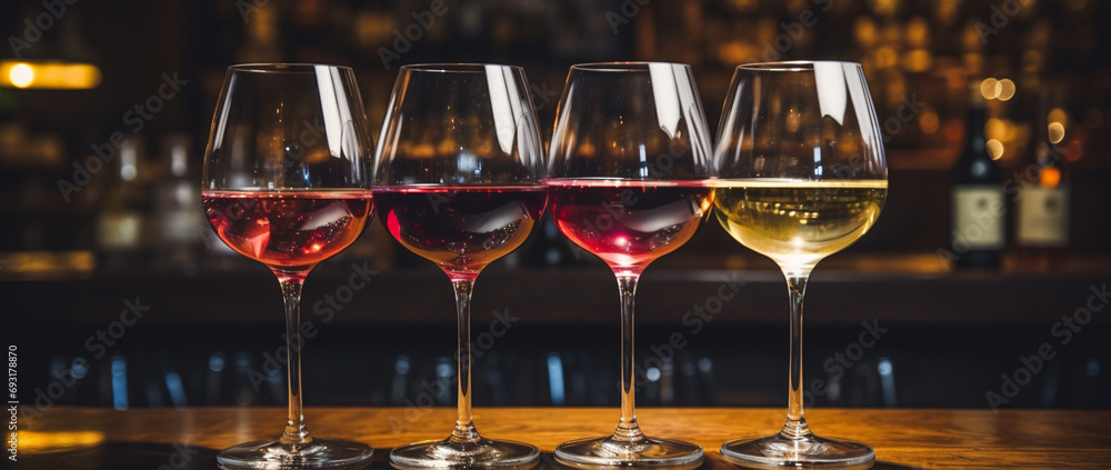 Wine glasses in a row. Pouring wine. Buffet table celebration of wine tasting. Nightlife, celebration and entertainment concept. Horizontal, wide screen banner format