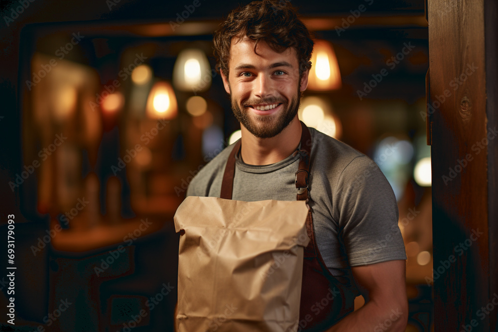 Worker with paper bags at counter in cafe, closeup Worker with paper bags at counter in cafe, closeup