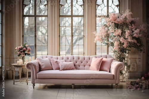 White room with pink sofa-bed, flowers in glass jug and mirror near the window. Classic interior design