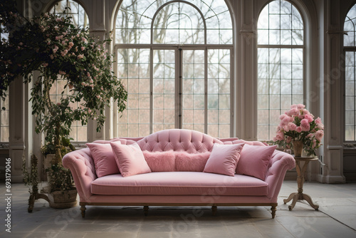 Pink velvet couch in the room with grey walls and flowers