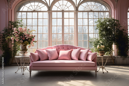 White room with pink sofa-bed, flowers in glass jug and mirror near the window. Classic interior design
