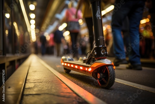 an electric scooter inside a train with passengers