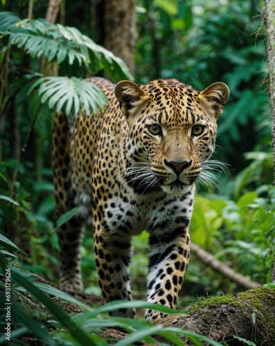 Full body photo of a Leopard hunting  in the wild, with a majestic gaze, and beautiful sunlight pouring through the forest leaves, ultra HD high resolution nature photo with beautiful detail and fur